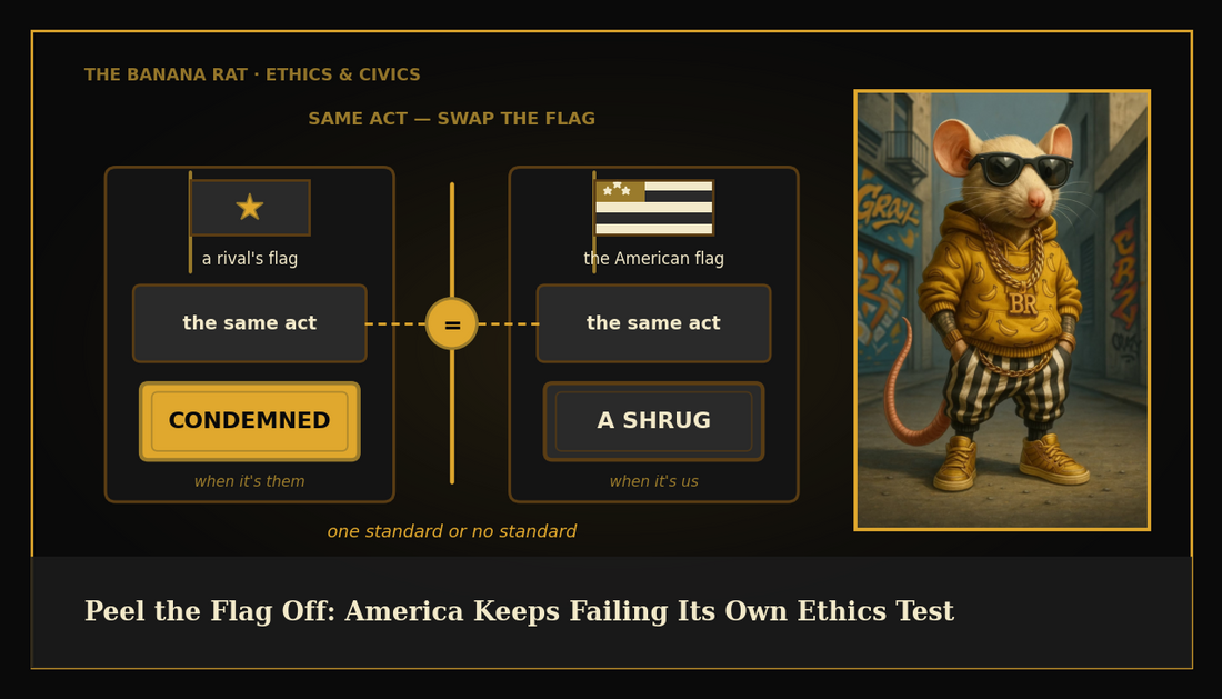 Peel the Flag Off — same act, swap the flag: condemned when it's them, a shrug when it's us; the Banana Rat