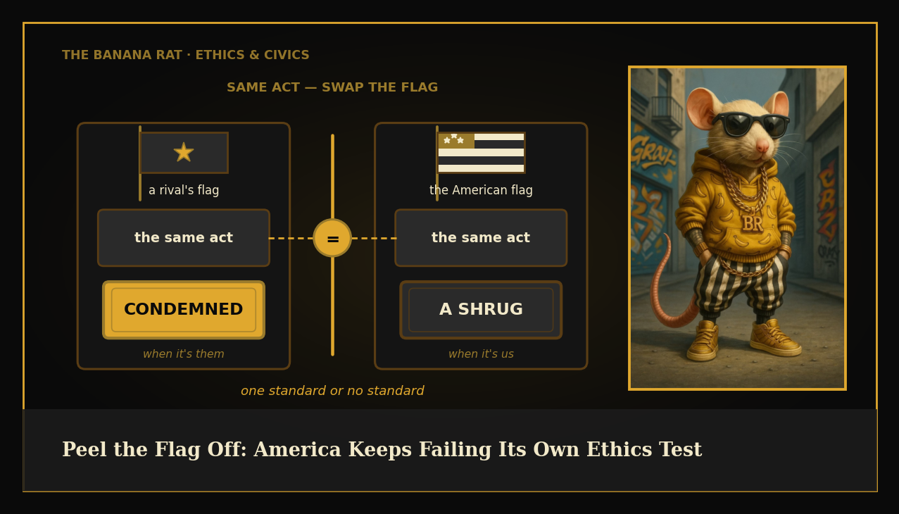 Peel the Flag Off — same act, swap the flag: condemned when it's them, a shrug when it's us; the Banana Rat