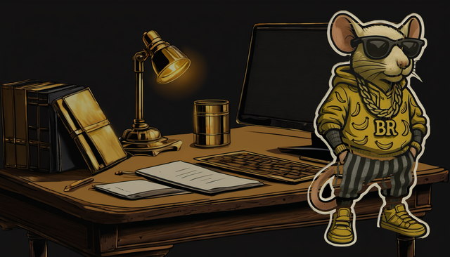 The Banana Rat Blog tile — Banana Rat at an illustrated writing desk